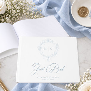 Classic Vintage Dusty Blue Floral Wreath Wedding Guest Book