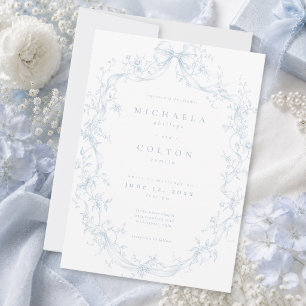 Classic Vintage Dusty Blue Floral Wreath Wedding Invitation