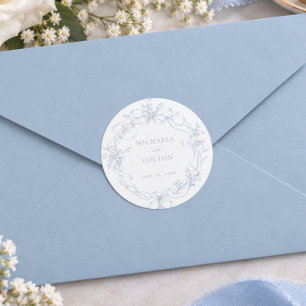 Classic Vintage Dusty Blue Floral Wreath Wedding Round Sticker