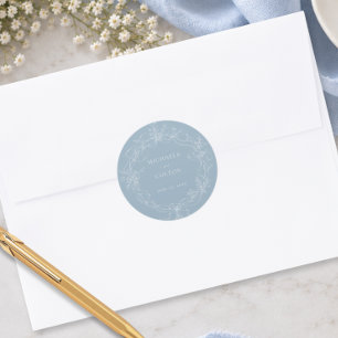 Classic Vintage Dusty Blue Floral Wreath Wedding Round Sticker
