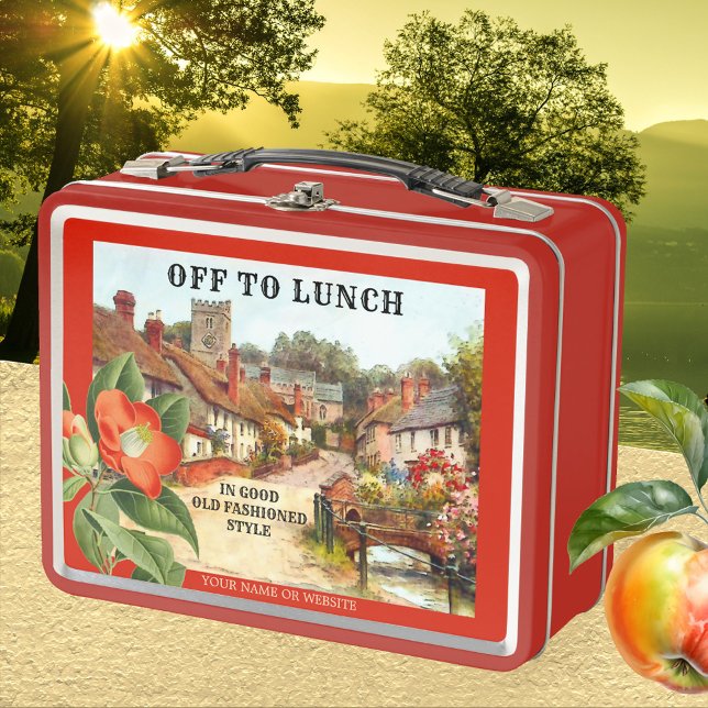 Classic Vintage English Village Painted Lunch Box (Retro style lunch box featuring a vintage English village painting with botanical flower.)