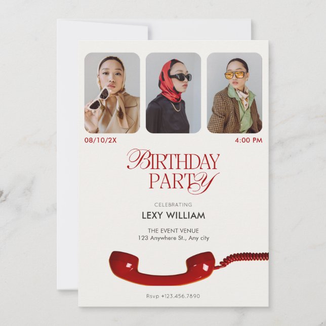 Classic vintage fashion photo collage birthday invitation (Front)
