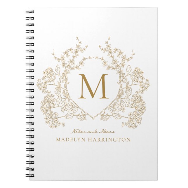 Classic Vintage Gold Floral Crest Monogram Notebook (Front)