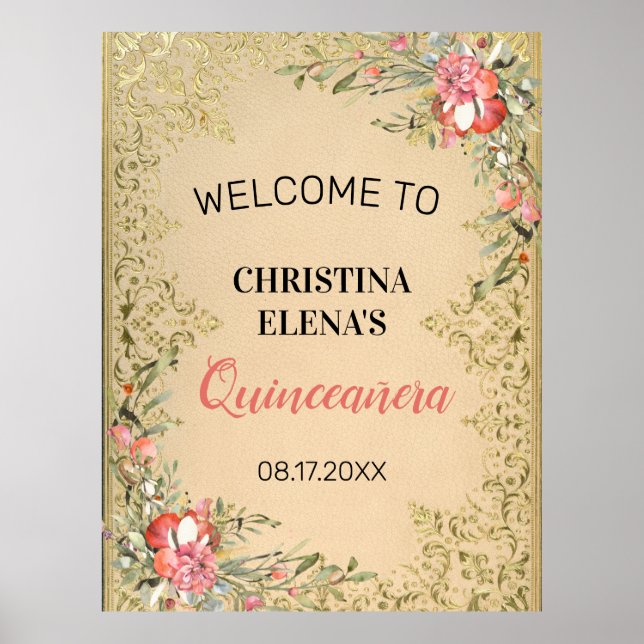 Classic Vintage Gold Floral Quinceanera Welcome Poster (Front)