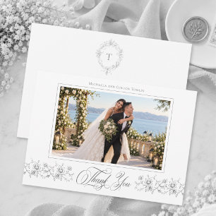 Classic Vintage Grey Black Floral Wedding Photo Thank You Card