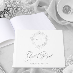 Classic Vintage Grey Black Floral Wreath Wedding Guest Book