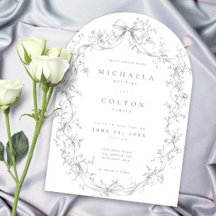 Classic Vintage Grey Black Floral Wreath Wedding Invitation