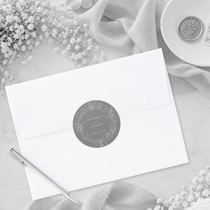 Classic Vintage Grey Black Floral Wreath Wedding Round Sticker