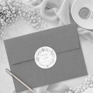 Classic Vintage Grey Black Floral Wreath Wedding Round Sticker