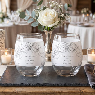 Classic Vintage Grey Black Floral Wreath Wedding Stemless Wine Glass