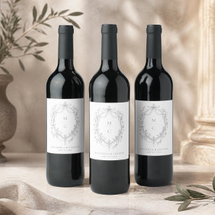 Classic Vintage Grey Black Floral Wreath Wedding Wine Label