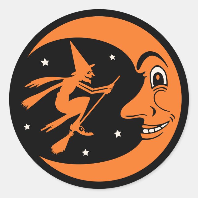 Classic Vintage Halloween Moon and Witch Round Sticker (Front)