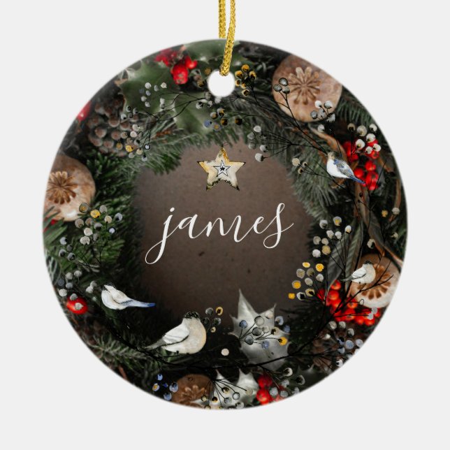 Classic Vintage | Name | Year | Christmas Wreath Ceramic Tree Decoration (Front)