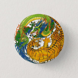 Classic Vintage oriental Yin Yang Dragon Tiger art 3 Cm Round Badge