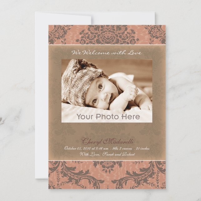 Classic vintage pink baby announcement (Front)