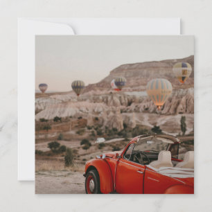 Classic Vintage Red Car Watching Hot Air Balloons  Card