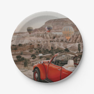Classic Vintage Red Car Watching Hot Air Balloons  Paper Plate