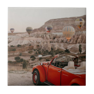 Classic Vintage Red Car Watching Hot Air Balloons Tile
