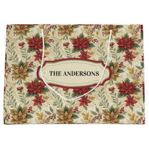 Classic Vintage Red & Gold Poinsettia Floral  Large Gift Bag