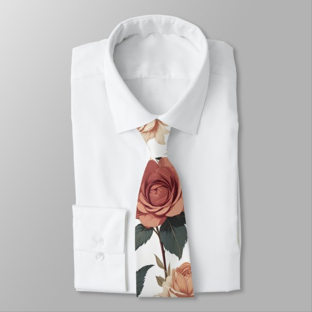 Classic Vintage Red Rose Botanical Garden Tie (Tied)