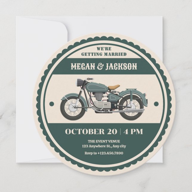 Classic vintage retro green motorcycle wedding invitation (Front)