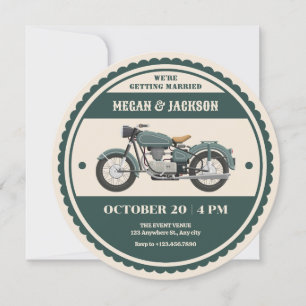 Classic vintage retro green motorcycle wedding invitation