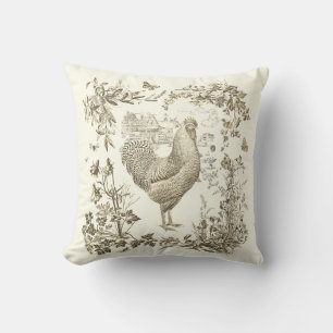 Classic Vintage Rooster Beige Floral Toile  Cushion
