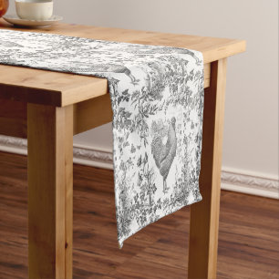Classic Vintage Rooster Gray Floral Toile  Short Table Runner