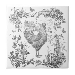 Classic Vintage Rooster Gray Floral Toile  Tile