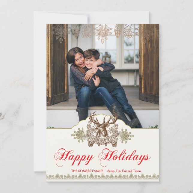 Classic Vintage Rustic Deer Head Holiday Photocard (Front)