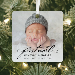 Classic Vintage Script Twins Baby 1st Noel 2 Photo Metal Tree Decoration