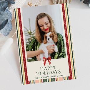 Classic Vintage Stripes Bow Happy Holidays 1 Photo Holiday Card