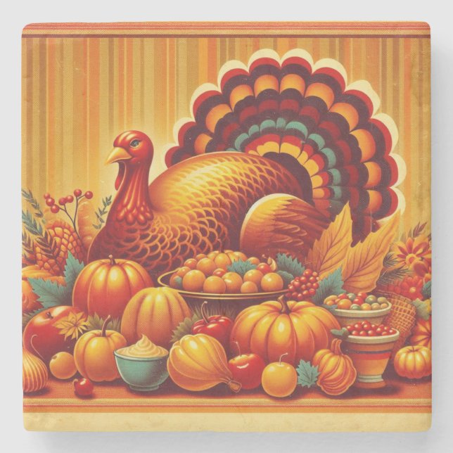 classic/vintage Thanksgiving Turkey Stone Coaster (Front)
