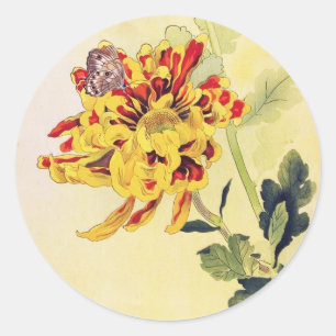 Classic vintage ukiyo-e chrysanthemum butterfly classic round sticker