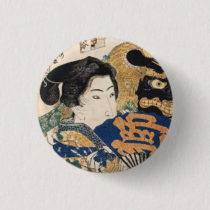 Classic vintage ukiyo-e geisha with fan Utagawa 3 Cm Round Badge