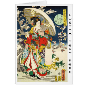 Classic vintage ukiyo-e geisha with umbrella