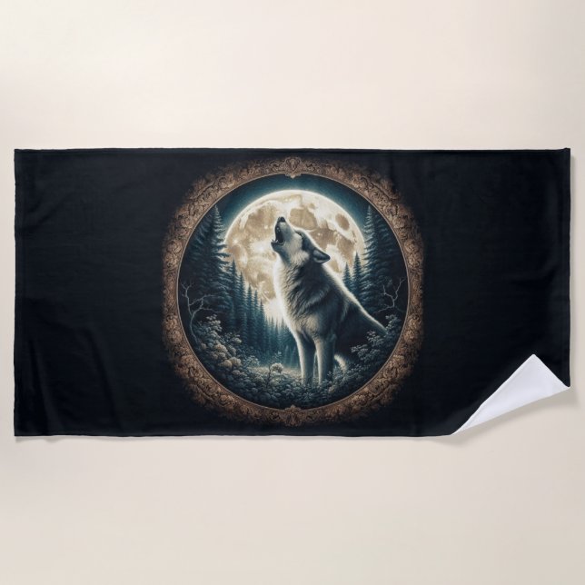 Classic, vintage wolf & moon  beach towel (Front)
