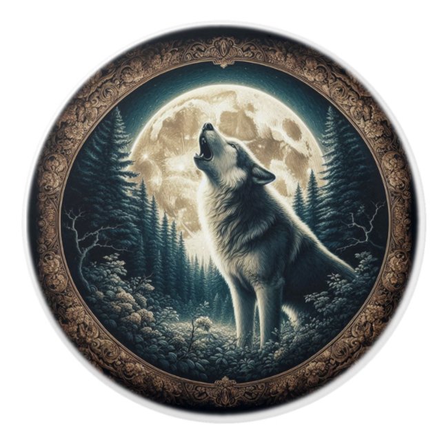 Classic, vintage wolf & moon  ceramic knob (Front)