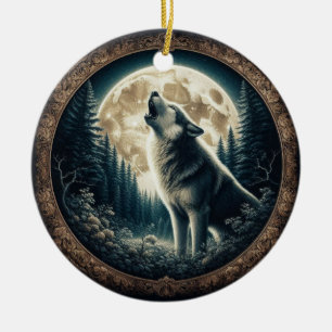 Classic, vintage wolf & moon  ceramic tree decoration