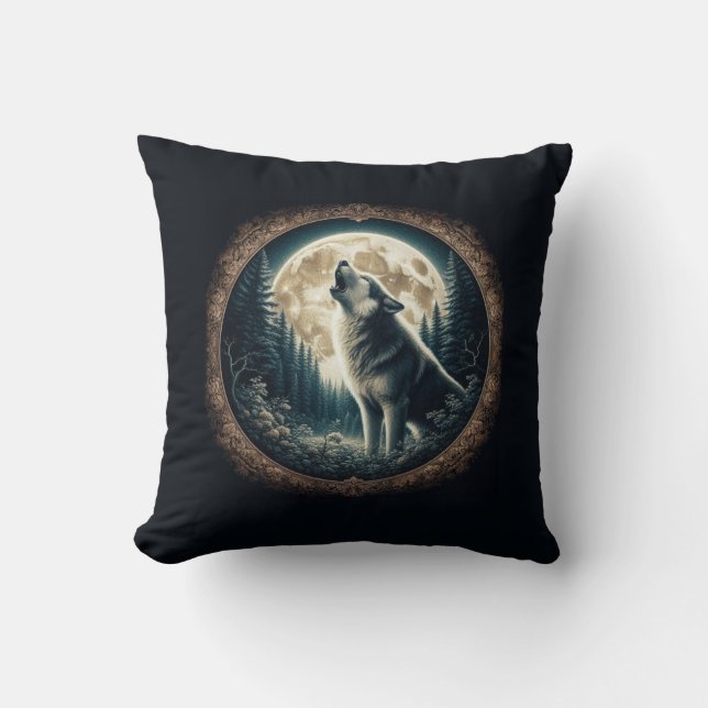 Classic, vintage wolf & moon  cushion (Front)