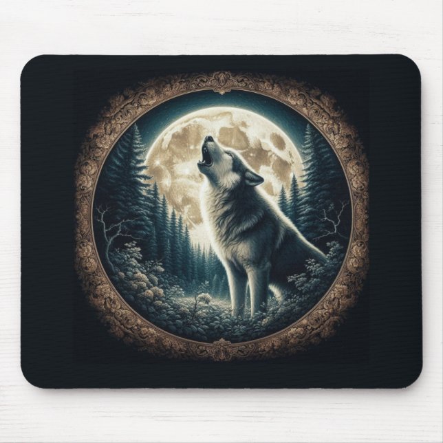 Classic, vintage wolf & moon  mouse pad (Front)