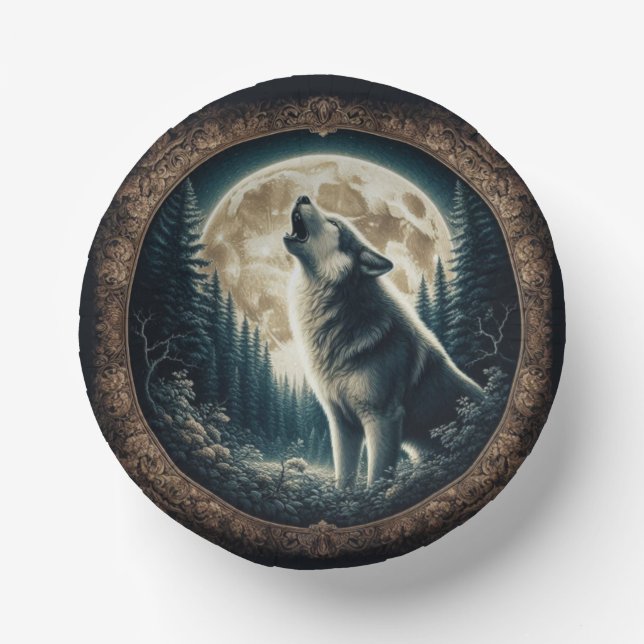 Classic, vintage wolf & moon  paper plate (Front)