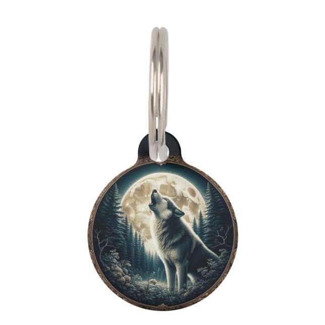 Classic, vintage wolf & moon  pet tag (Front)