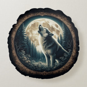 Classic, vintage wolf & moon  round cushion