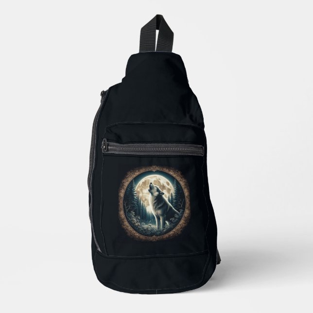Classic, vintage wolf & moon  sling bag (Front)