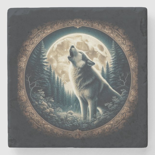 Classic, vintage wolf & moon  stone coaster (Front)