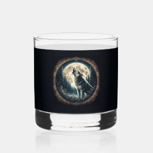 Classic, vintage wolf & moon whiskey glass
