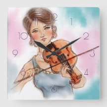 Classic Violin Lady Square Clock, Vintage Art