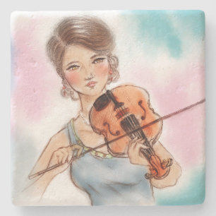 Classic Violin Lady Stone Coaster, Vintage Art Coaster