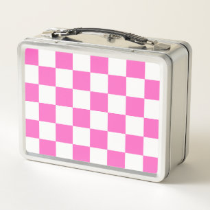Classic visual pink chequerboard  metal lunch box
